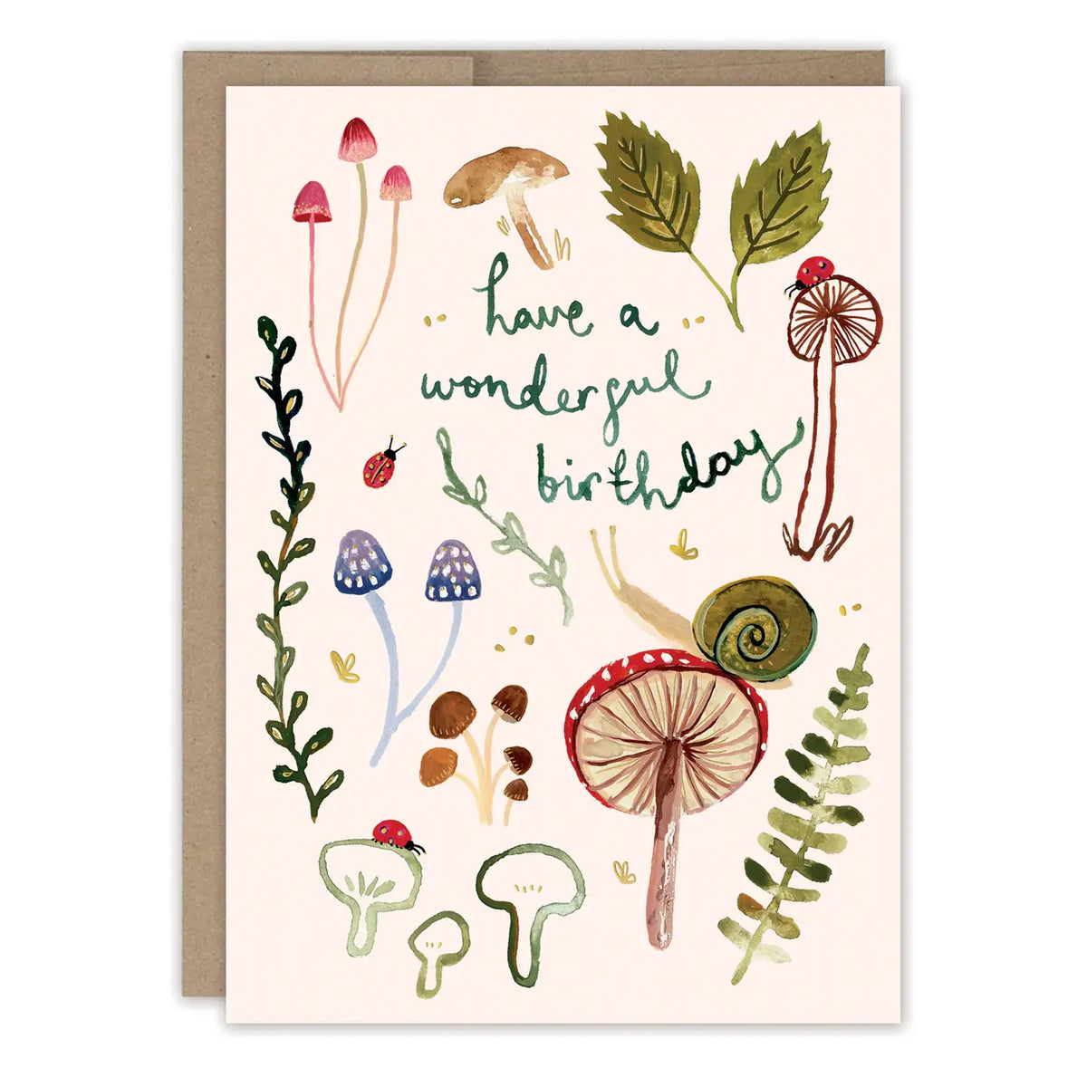 Mushrooms Wonderful Birthday Card

Inside verse: Wishing you a magical year ahead

• Gold foil details
• Illustrated by Louise Mulgrew
• Size: A6, 4.5" x 6.25"
• Paired with Brown Kraft envelope
• Printed in the USA on high-quality, recycled paper

About The Artist: Working with gouache and watercolor, Louise designs in her tiny studio in Brighton, England, inspired by her love of all animals, and passion for the natural world. Louise was named 2023 Artist of the Year by the USA Greeting Card Association.