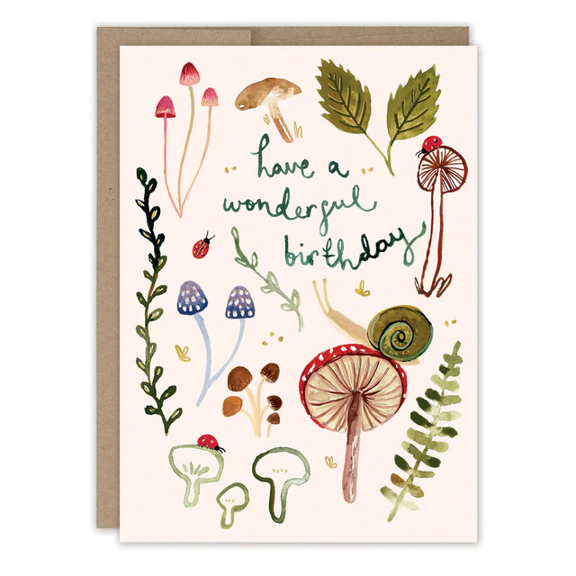 Mushrooms Wonderful Birthday Card

Inside verse: Wishing you a magical year ahead

• Gold foil details
• Illustrated by Louise Mulgrew
• Size: A6, 4.5" x 6.25"
• Paired with Brown Kraft envelope
• Printed in the USA on high-quality, recycled paper

About The Artist: Working with gouache and watercolor, Louise designs in her tiny studio in Brighton, England, inspired by her love of all animals, and passion for the natural world. Louise was named 2023 Artist of the Year by the USA Greeting Card Association.