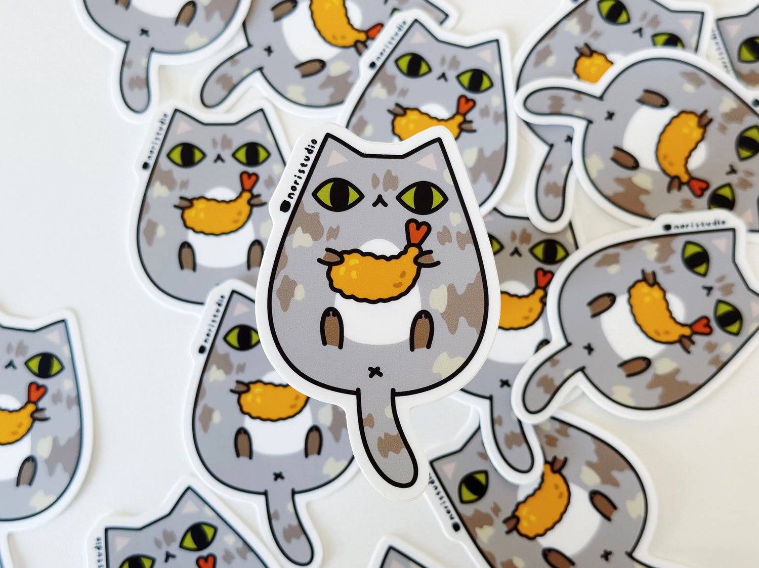 Muted Tortie Cat with Shrimp Tempura Vinyl Sticker