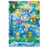 This is a postcard of cute animals by illustrator "Muumegu", who has a retro and antique world view. This postcard depicts cute animals releasing balloons and blowing bubbles with gold foil details encouraging you to reach for the sky.

4in x 5.8in