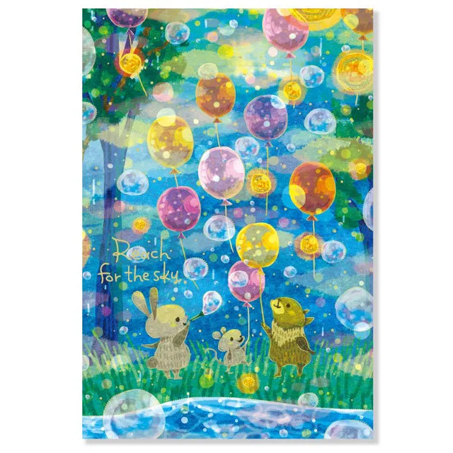 This is a postcard of cute animals by illustrator "Muumegu", who has a retro and antique world view. This postcard depicts cute animals releasing balloons and blowing bubbles with gold foil details encouraging you to reach for the sky.

4in x 5.8in