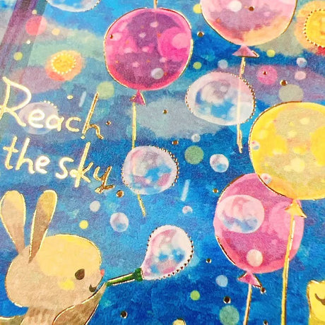 This is a postcard of cute animals by illustrator "Muumegu", who has a retro and antique world view. This postcard depicts cute animals releasing balloons and blowing bubbles with gold foil details encouraging you to reach for the sky.

4in x 5.8in