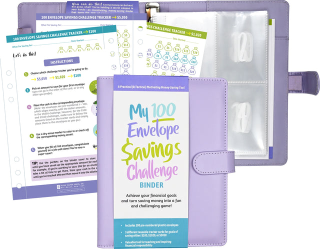 Sturdy 6-ring binder with magnetic closure flap comes with 100 pre-numbered envelopes. Use them to save $100, $1,020, or $5,050! Includes 3 reusable tracker cards. Inside cover pockets hold your cash until you've saved enough to move it into the appropriate envelope. See your savings build as you fill each envelope and track each contribution! Before you know it, you'll have reached your 100th envelope, achieving Super Saver status!

Binder measures 6-3/4'' wide x 9-1/8'' high.
Instructions and 3 reusable t