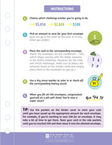 Sturdy 6-ring binder with magnetic closure flap comes with 100 pre-numbered envelopes. Use them to save $100, $1,020, or $5,050! Includes 3 reusable tracker cards. Inside cover pockets hold your cash until you've saved enough to move it into the appropriate envelope. See your savings build as you fill each envelope and track each contribution! Before you know it, you'll have reached your 100th envelope, achieving Super Saver status!

Binder measures 6-3/4'' wide x 9-1/8'' high.
Instructions and 3 reusable t