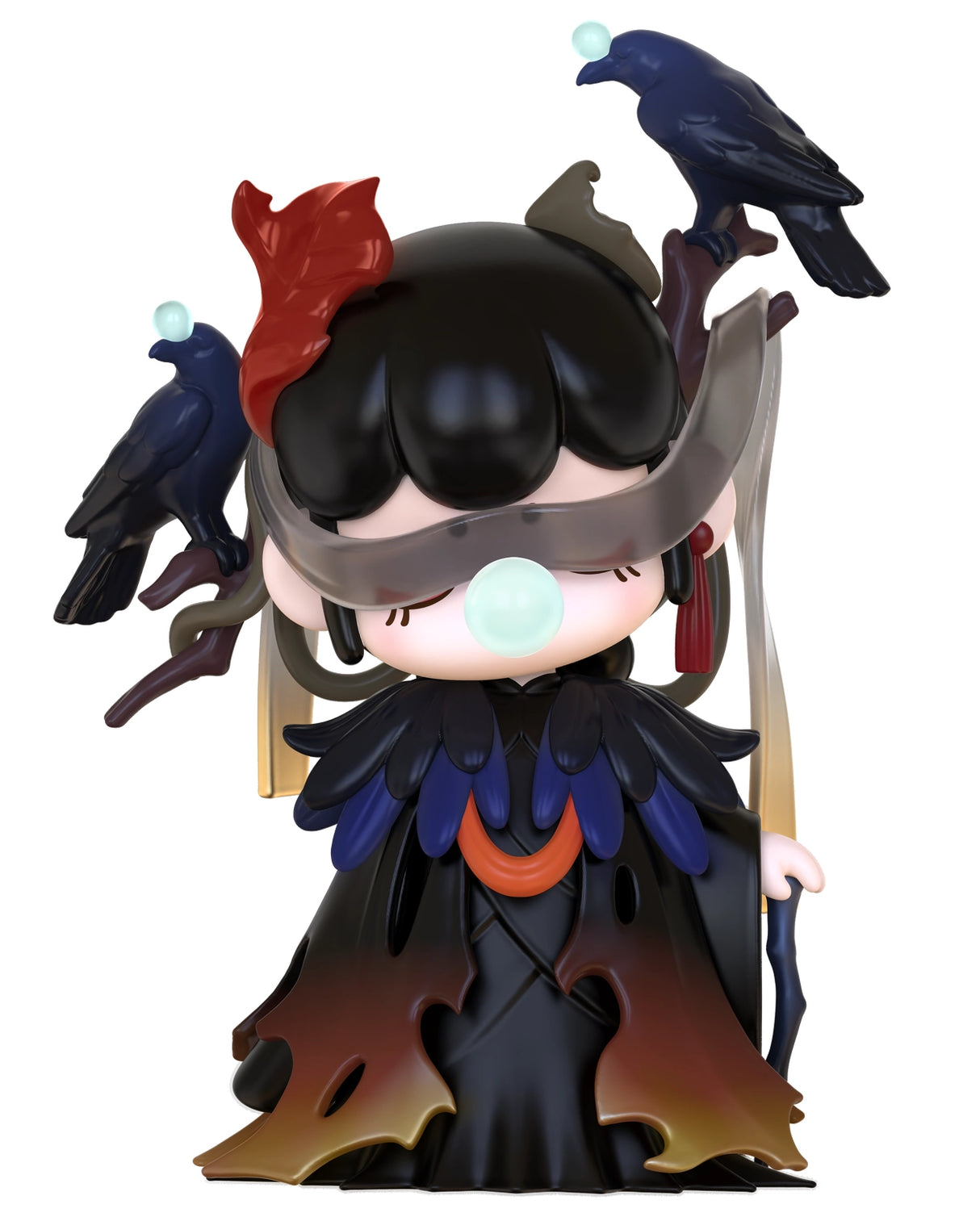 Nanci Chinese Poetry Blind Box Animated character with black hair, red headband, and crows on a white background