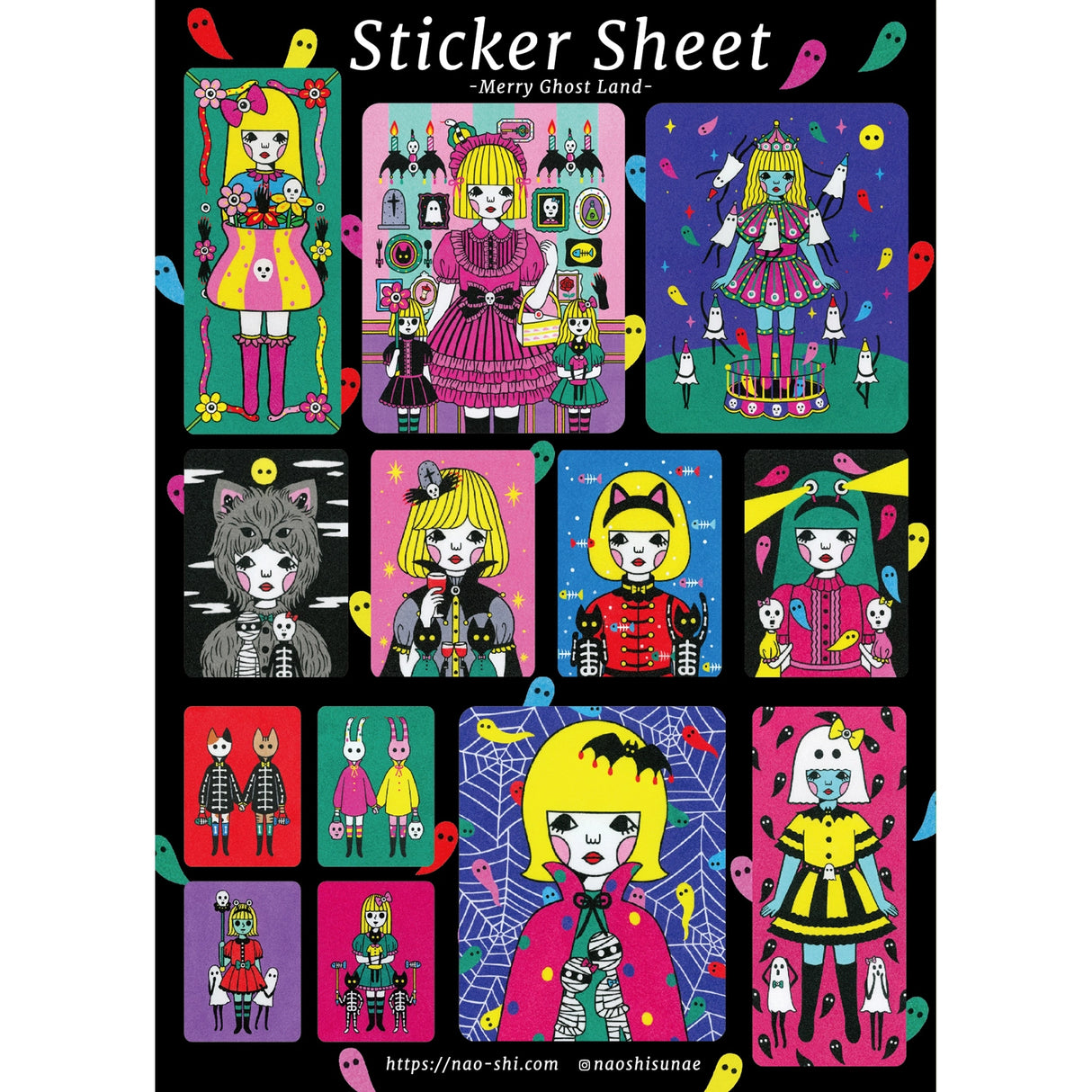 Merry Ghost Land sticker sheet is perfect for decorating your journal, binder, planner, scrapbook or laptop.

*The size shown is a rough dimension of the characters (stickers). *The colors on actual print may vary slightly from what you see on your computer monitor. ---Copyright ©Naoshi / ALL RIGHTS RESERVED. ---