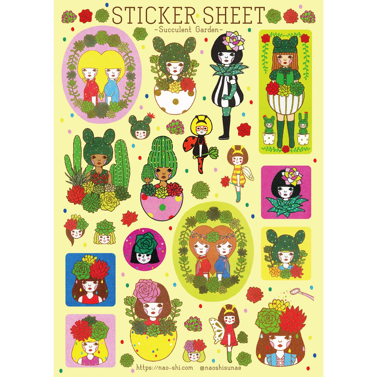 Succulent Garden sticker sheet is perfect for decorating your journal, binder, planner, scrapbook or laptop.

*The size shown is a rough dimension of the characters (stickers). *The colors on actual print may vary slightly from what you see on your computer monitor. ---Copyright ©Naoshi / ALL RIGHTS RESERVED. ---