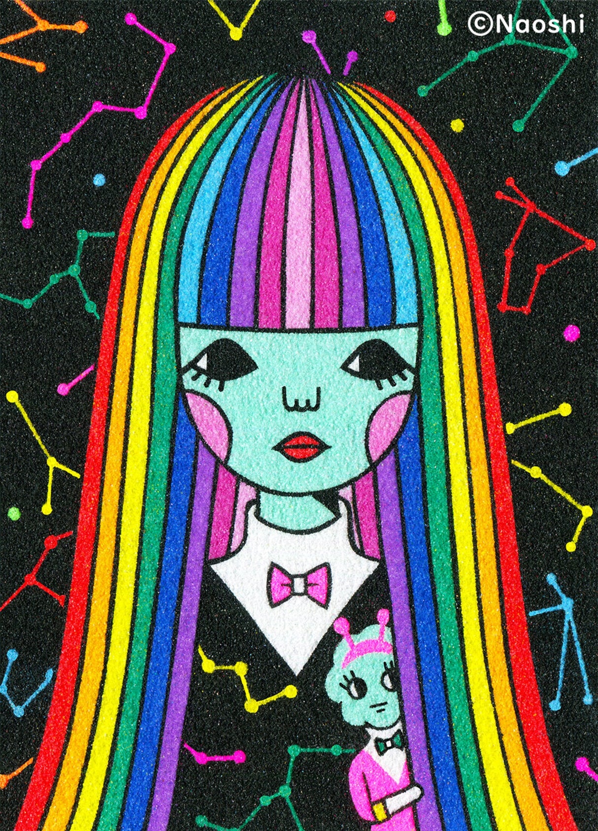 Naoshi Alien Nijiko Postcard

These postcards are featuring striking colorful and whimsical world. Artwork made with colored sand and then scans them in high quality.