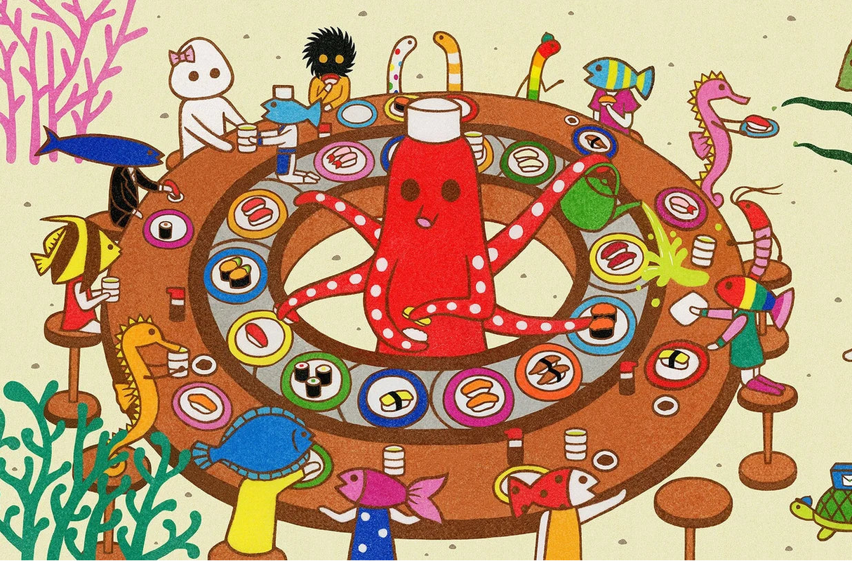 Naoshi The Sushi Chef Tako Postcard

These postcards are featuring striking colorful and whimsical world. Artwork made with colored sand and then scans them in high quality.