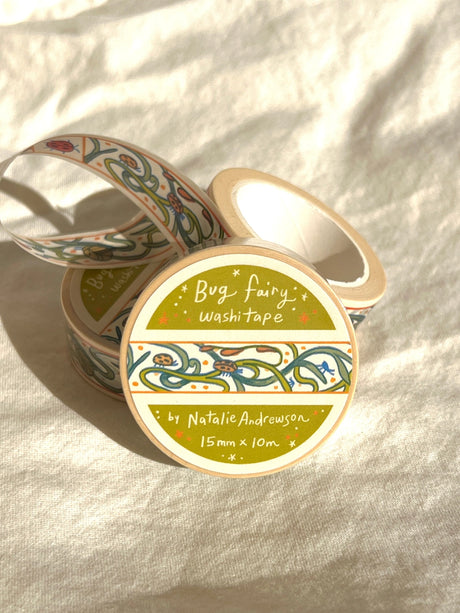 This washi tape features little bugs hidden in vines! Taken from the borders of my Bug Fairy print.

This roll is 15mm wide x 10m of paper tape. Washi tape is super durable and flexible. It tears easily and can be safely applied to a variety of surfaces; it doesn’t leave a sticky residue behind, making it especially ideal for stationery and hanging prints temporarily.