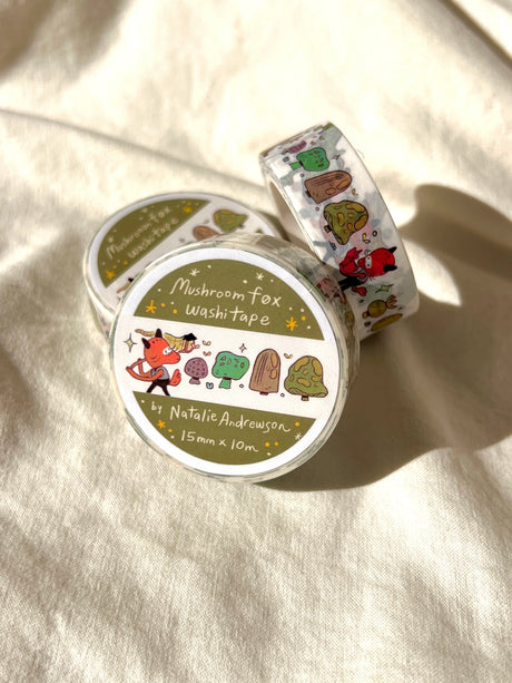 This washi tape features a little fox on their adventures through the mushroomy forest!

This roll is 15mm wide x 10m of paper tape. Washi tape is super durable and flexible. It tears easily and can be safely applied to a variety of surfaces; it doesn’t leave a sticky residue behind, making it especially ideal for stationery and hanging prints temporarily.