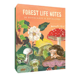 Notebook titled 'Forest Life Notes' with illustrations of mushrooms, flowers, and a hedgehog on an orange background.