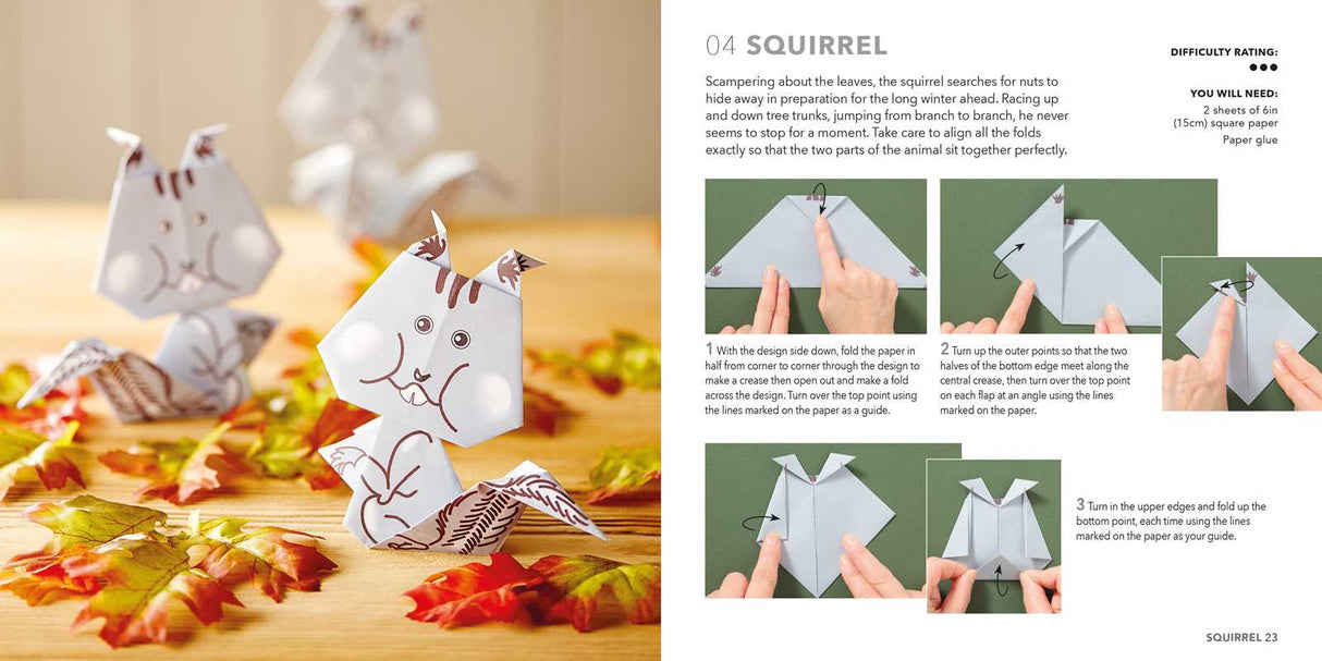 Fold 15 FUN animal origami models with this EXCITING ALL-IN-ONE block from BESTSELLING author Mari Ono, featuring a 64-page project book and 250 sheets of origami paper.

Bestselling origami expert Mari Ono has put together an awesome collection of cute critters and interesting greenery that you might see right outside your window.
 
Kids and adults alike will love to make cheerful squirrels, quirky mushrooms, bouncy frogs, sneaky foxes, and bright butterflies.
 
All 15 projects come with simple step-by-ste