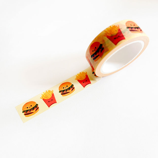 Nellie Le Burgers & Fries Washi Tape Roll of decorative tape with burger and fries designs on a white background