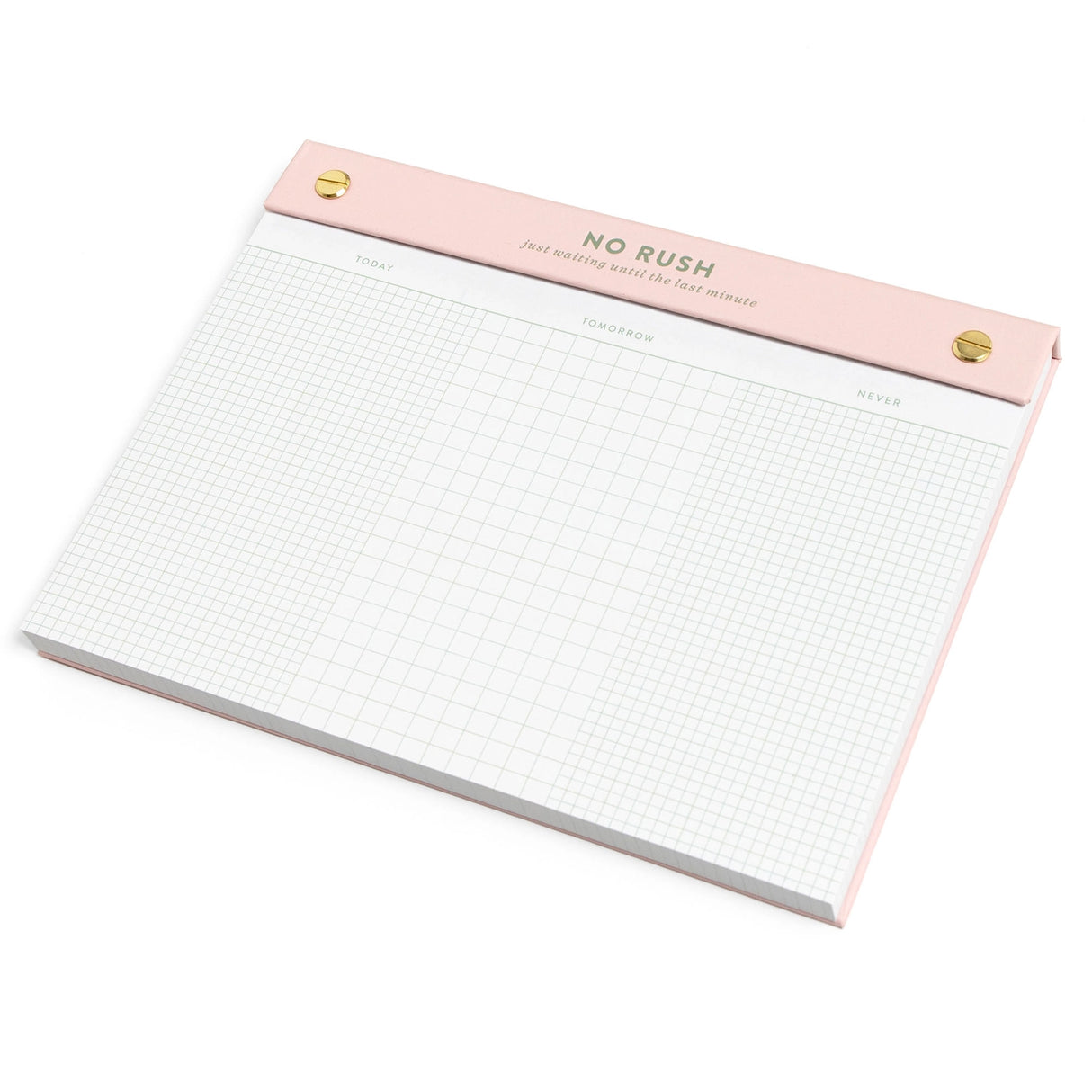Meet your new favorite procrastination tool—the No Rush Notepad! This 6x8” desk pad is perfect for loosely organized to-do lists with sections for Today, Tomorrow, and… Never. With 75 perforated grid sheets on smooth 120gsm paper, plus a luxe gold post-bound top, it’s equal parts practical and playful. Whether you’re tackling tasks or artfully avoiding them, this notepad keeps everything in sight—just not necessarily on schedule. Ideal for office desks, student planners, or anyone with a sense of humor abou