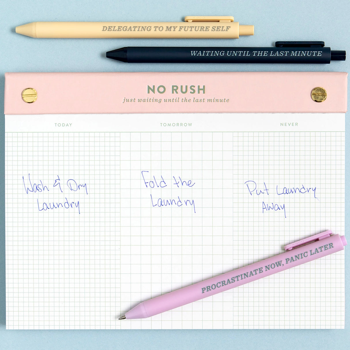 Meet your new favorite procrastination tool—the No Rush Notepad! This 6x8” desk pad is perfect for loosely organized to-do lists with sections for Today, Tomorrow, and… Never. With 75 perforated grid sheets on smooth 120gsm paper, plus a luxe gold post-bound top, it’s equal parts practical and playful. Whether you’re tackling tasks or artfully avoiding them, this notepad keeps everything in sight—just not necessarily on schedule. Ideal for office desks, student planners, or anyone with a sense of humor abou