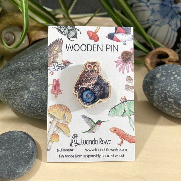 Northern Saw-Whet Owl On Camera Wooden Pin
