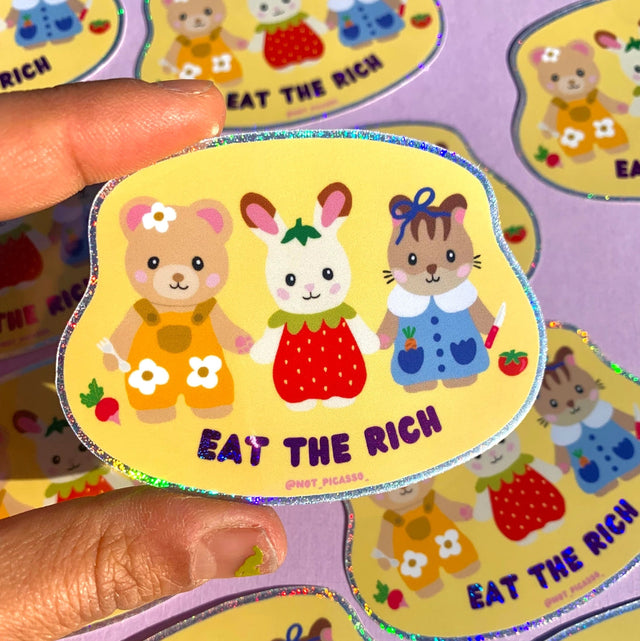 Feeling hungry? This glitter sticker features a great message and cute characters!

These matte vinyl stickers feature an original design and are water, weather, and scratch proof. Perfect for putting on water bottles, computers or just about anywhere else.