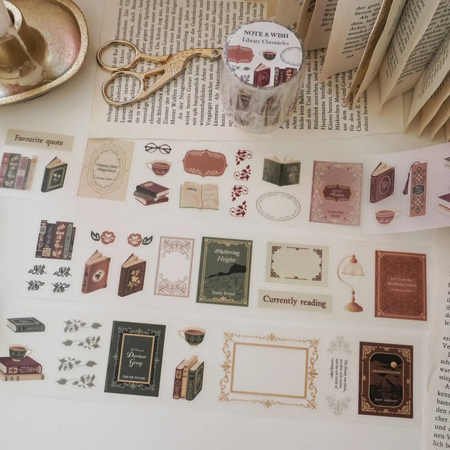 This classic literature PET tape is designed for book lovers who want their journals to feel like a page from a favourite novel. Featuring hand-drawn illustrations inspired by beloved classics including Wuthering Heights and Pride and Prejudice, it's pre-cut for effortless use, no scissors, just peel and place.

Extra wide at 50mm with a matt transparent finish that layers beautifully over any journal background. Design loop is 75cm, with approximately 6.5 design loops per roll, there's plenty to work with.
