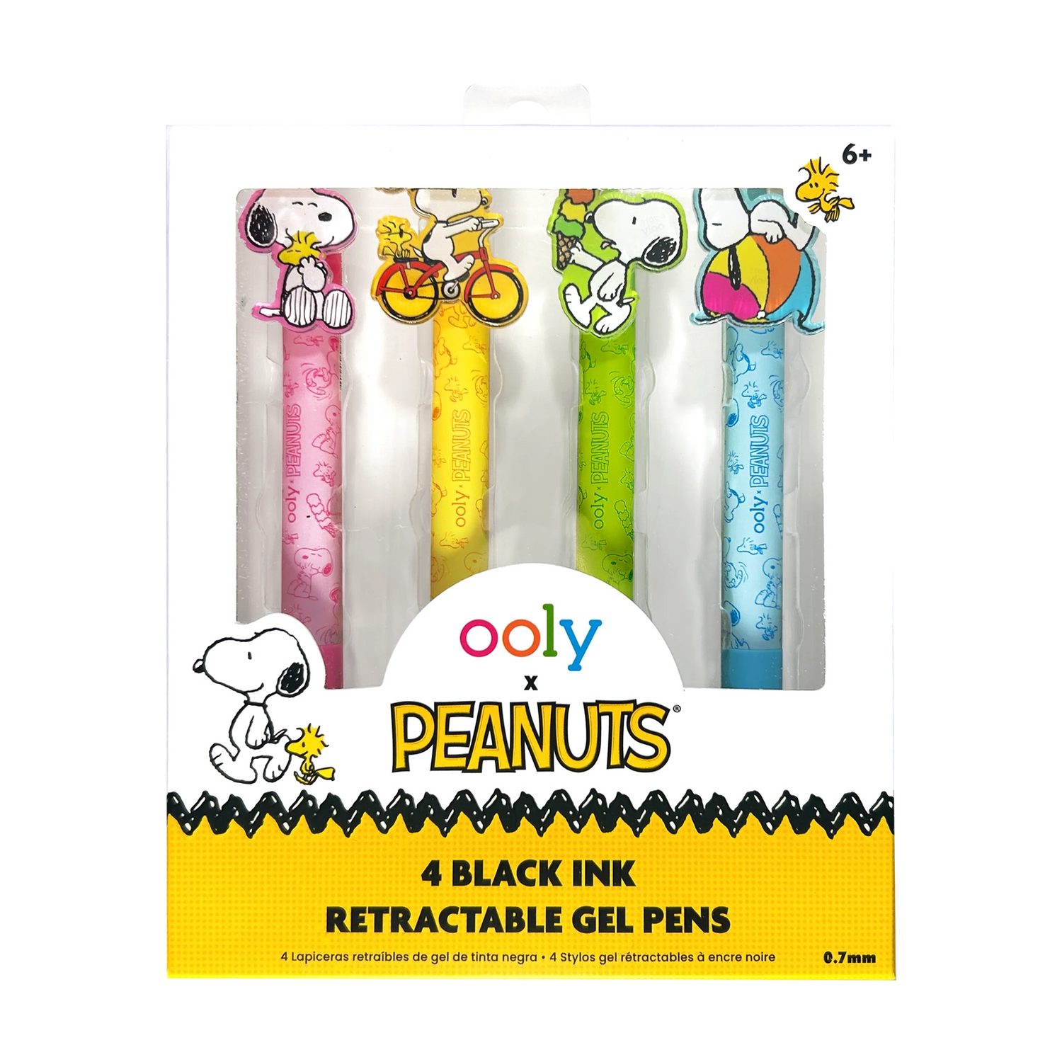 Bring some Peanuts joy to your writing with the OOLY x Peanuts Black Ink Retractable Gel Pens Set! Each of these four retractable pens features a different playful Snoopy scene—Snoopy eating ice cream, hugging Woodstock, riding a bike, and lounging on a beach ball. With colorful barrels in pink, yellow, green, and blue, these black ink pens with gel ink add a fun pop to your school supplies. Jot down notes or sketch Snoopy’s next adventure—these pens make every writing task more enjoyable.