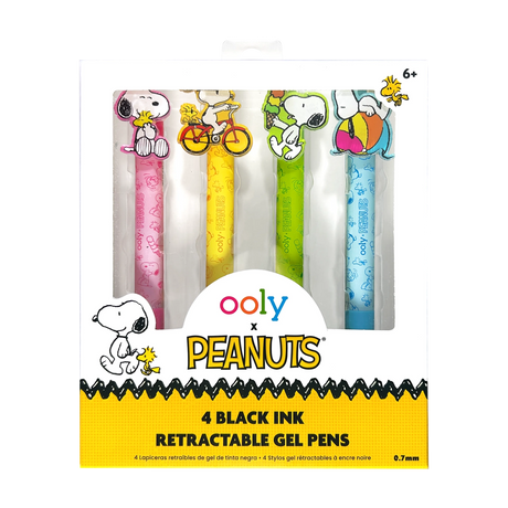 Bring some Peanuts joy to your writing with the OOLY x Peanuts Black Ink Retractable Gel Pens Set! Each of these four retractable pens features a different playful Snoopy scene—Snoopy eating ice cream, hugging Woodstock, riding a bike, and lounging on a beach ball. With colorful barrels in pink, yellow, green, and blue, these black ink pens with gel ink add a fun pop to your school supplies. Jot down notes or sketch Snoopy’s next adventure—these pens make every writing task more enjoyable.