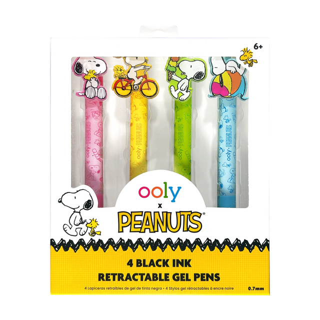 Bring some Peanuts joy to your writing with the OOLY x Peanuts Black Ink Retractable Gel Pens Set! Each of these four retractable pens features a different playful Snoopy scene—Snoopy eating ice cream, hugging Woodstock, riding a bike, and lounging on a beach ball. With colorful barrels in pink, yellow, green, and blue, these black ink pens with gel ink add a fun pop to your school supplies. Jot down notes or sketch Snoopy’s next adventure—these pens make every writing task more enjoyable.