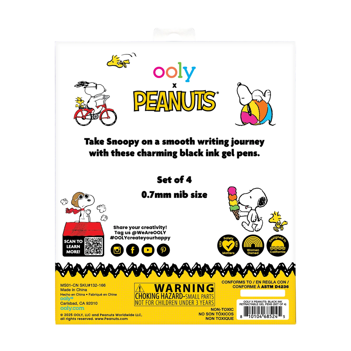 Bring some Peanuts joy to your writing with the OOLY x Peanuts Black Ink Retractable Gel Pens Set! Each of these four retractable pens features a different playful Snoopy scene—Snoopy eating ice cream, hugging Woodstock, riding a bike, and lounging on a beach ball. With colorful barrels in pink, yellow, green, and blue, these black ink pens with gel ink add a fun pop to your school supplies. Jot down notes or sketch Snoopy’s next adventure—these pens make every writing task more enjoyable.