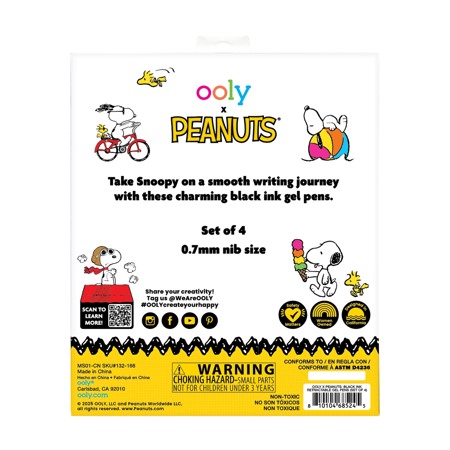 Bring some Peanuts joy to your writing with the OOLY x Peanuts Black Ink Retractable Gel Pens Set! Each of these four retractable pens features a different playful Snoopy scene—Snoopy eating ice cream, hugging Woodstock, riding a bike, and lounging on a beach ball. With colorful barrels in pink, yellow, green, and blue, these black ink pens with gel ink add a fun pop to your school supplies. Jot down notes or sketch Snoopy’s next adventure—these pens make every writing task more enjoyable.
