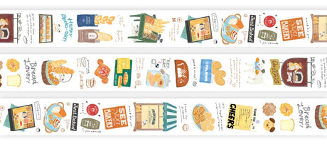 OURS Studio Bakery Cheer’s PET Tape Decorative border with illustrations of food packaging and text on a white background