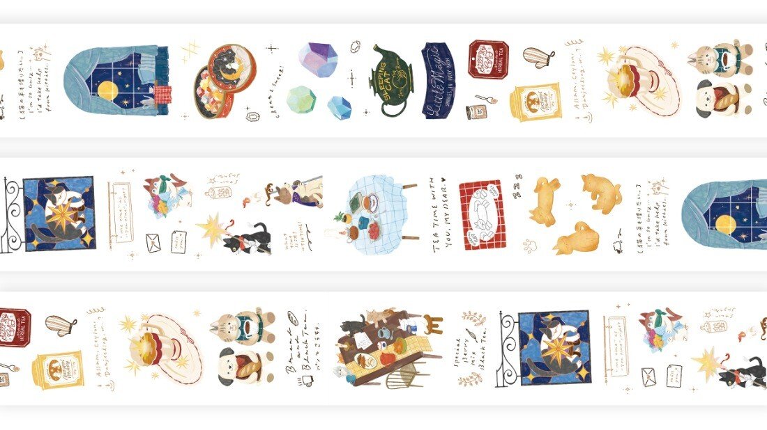 Welcome to the Tea Room! This kiss-cut PET Tape features a relaxing teahouse filled with cats and other furry friends. It adds the perfect touch of warmth to your journal pages with hints of golden brown and dark blue as conversations continue until midnight.