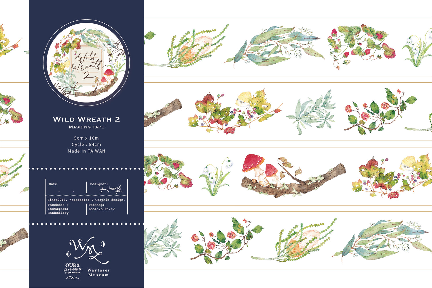 OURS Studio Wild Wreath 2 Washi Tape Packaging of Wild Wreath 2 masking tape with decorative designs on a white background.