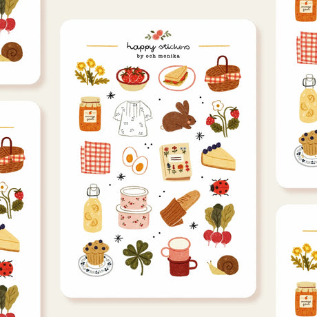 OchMonika Spring Picnic Sticker Sheet

A matte paper sticker sheet filled with cozy, hand-drawn illustrations, perfect for planners, journals, or scrapbooking. It features a outdoor picnic and spring theme, making it a perfect fit for nature lovers and gift boutiques. All designs are lovingly created by Monika Szczerbińska.