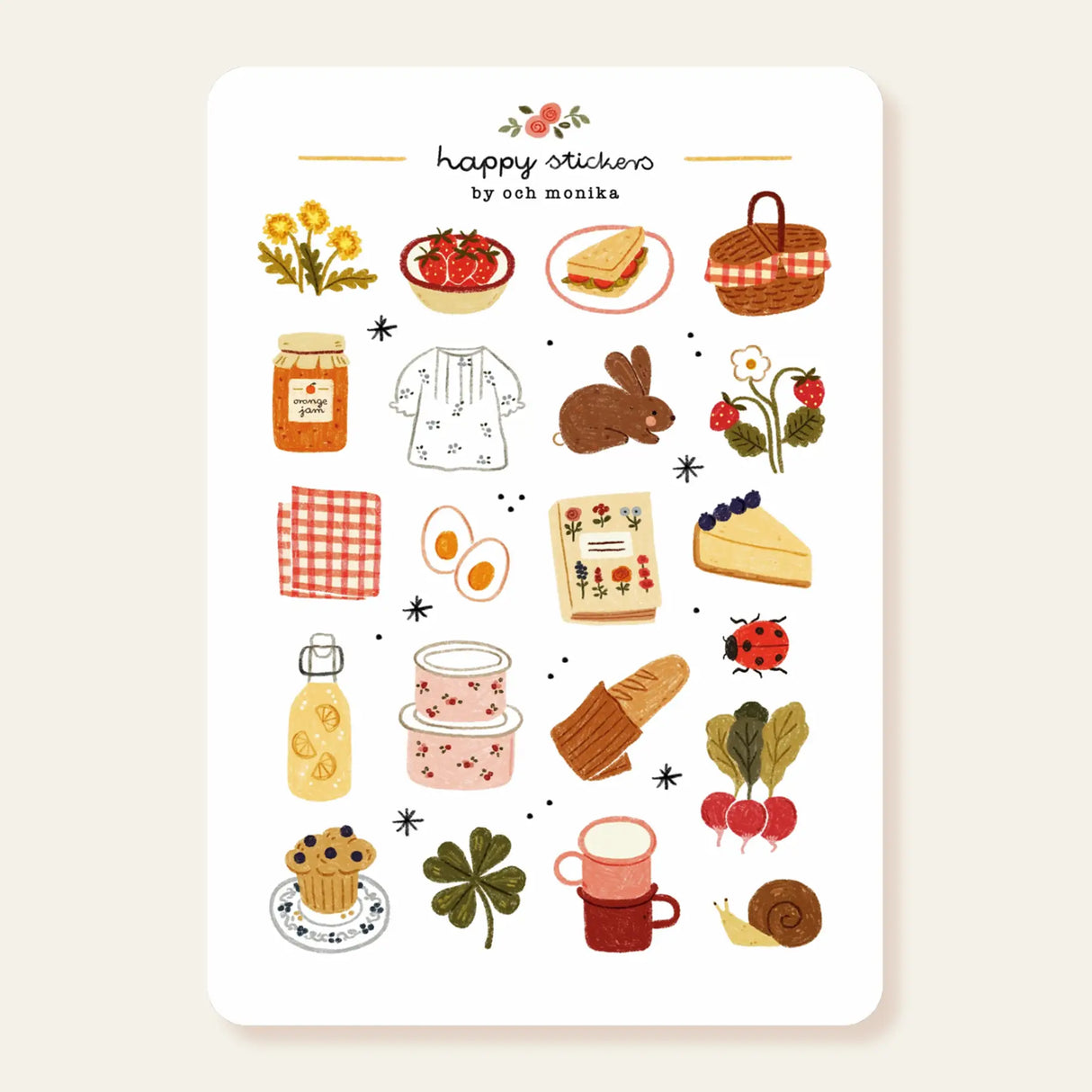 OchMonika Spring Picnic Sticker Sheet

A matte paper sticker sheet filled with cozy, hand-drawn illustrations, perfect for planners, journals, or scrapbooking. It features a outdoor picnic and spring theme, making it a perfect fit for nature lovers and gift boutiques. All designs are lovingly created by Monika Szczerbińska.
