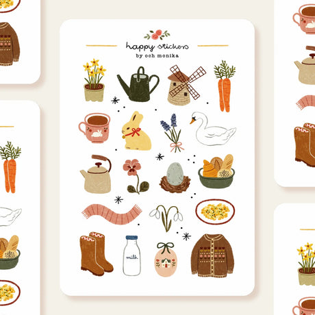 A matte paper sticker sheet filled with cozy, hand-drawn illustrations, perfect for planners, journals, or scrapbooking. It features a cozy spring and hygge season theme, making it a perfect fit for mindful living enthusiasts. All designs are lovingly created by Monika Szczerbińska.