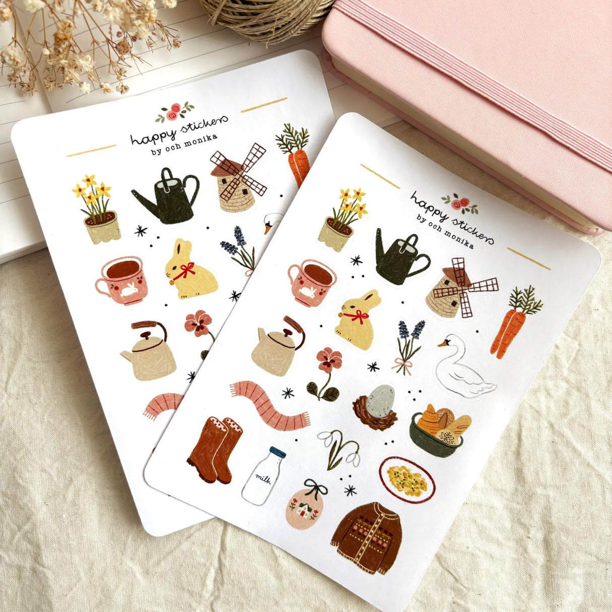 A matte paper sticker sheet filled with cozy, hand-drawn illustrations, perfect for planners, journals, or scrapbooking. It features a cozy spring and hygge season theme, making it a perfect fit for mindful living enthusiasts. All designs are lovingly created by Monika Szczerbińska.