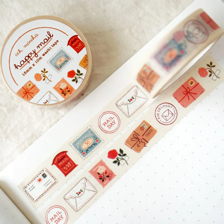 Washi tape featuring charming letters, envelopes, and postage stamps. This cozy design celebrates the joy of snail mail and thoughtful correspondence, making it a lovely addition to any stationery collection. All designs are lovingly created by Monika Szczerbińska.
