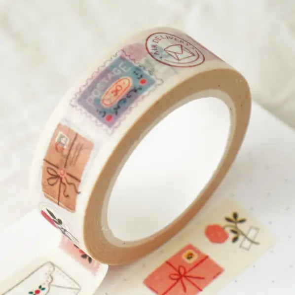 Washi tape featuring charming letters, envelopes, and postage stamps. This cozy design celebrates the joy of snail mail and thoughtful correspondence, making it a lovely addition to any stationery collection. All designs are lovingly created by Monika Szczerbińska.