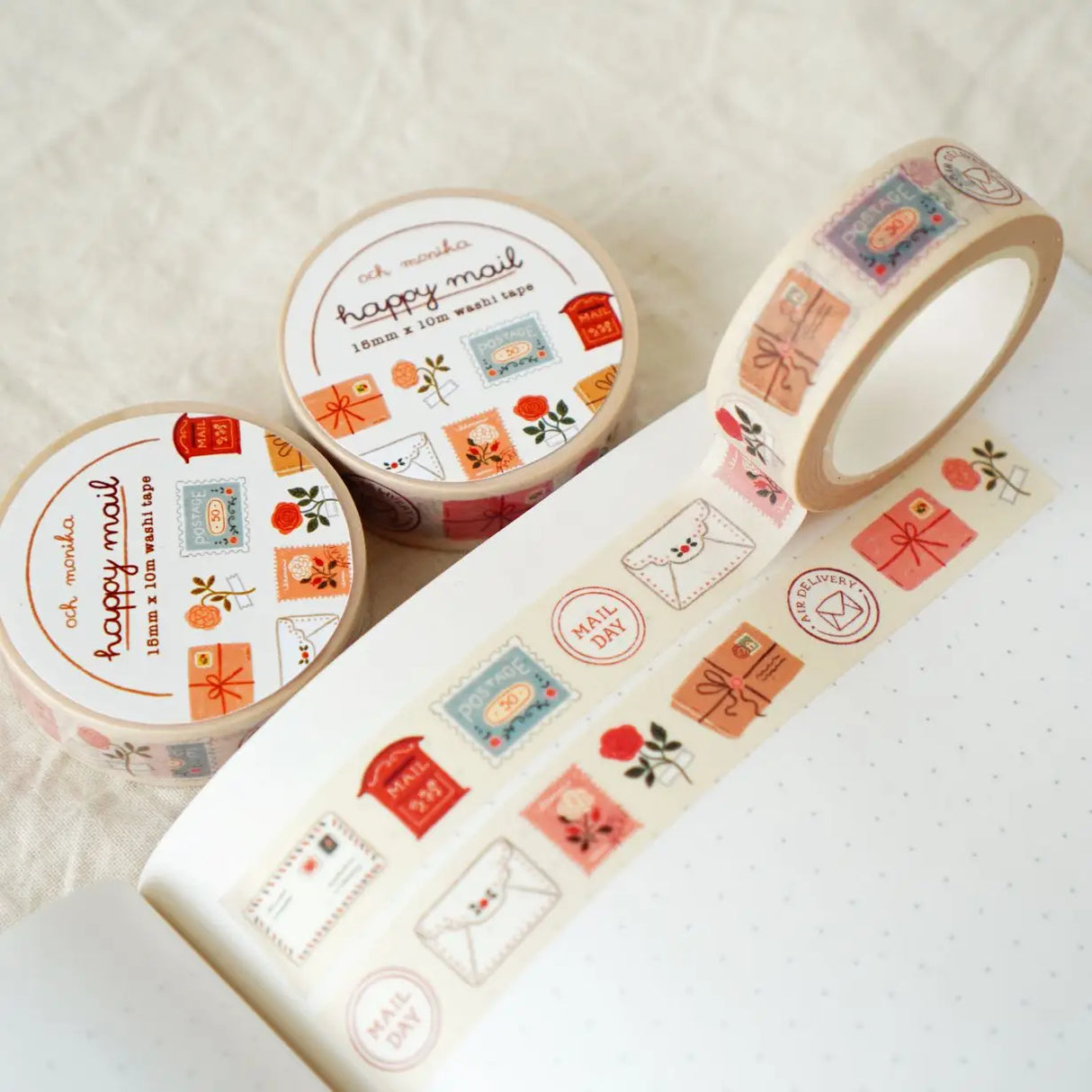 Washi tape featuring charming letters, envelopes, and postage stamps. This cozy design celebrates the joy of snail mail and thoughtful correspondence, making it a lovely addition to any stationery collection. All designs are lovingly created by Monika Szczerbińska.