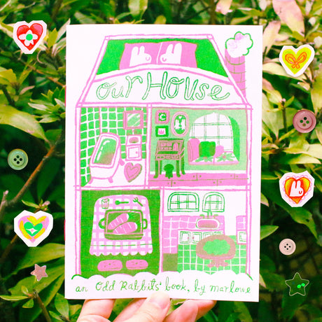 Odd Rabbits - Our House Risograph Zine

Our House is a 20 page, 3 color risograph zine.

The zine is a reference to a valentine's day card so it comes with a space on the last page to write a valentine to your valentine!

Minor misalignment or smudges are not considered to be b-grade.&nbsp;