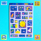 'To the Moon &amp; Back' Frosted Glitter Transparent A6 Sticker Sheet. Stickers are stamp shaped and have a clear blue background.

Not waterproof.
Do not place in areas of high wear (laptops, phone cases, water bottles, etc).
Sticker sheets come packaged in a plastic sleeve.