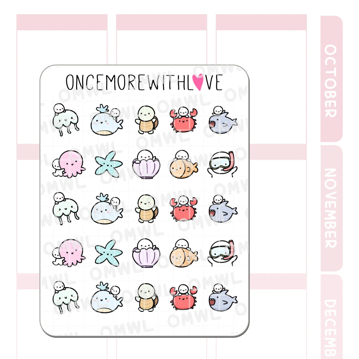 Once More With Love - M1263 Sea Creatures Sticker Sheet

Sea critter doodles to match the brand new Under the Sea themed kit!

SPECS:

Size - Each sheet is approximately 4.5x3.5 (regular size) inches.&nbsp;
Type - Designed for all planners, organizers, calendars, bullet journals, and traveler's notebooks&nbsp;
Material - Non-removable matte white adhesive paper&nbsp;
Design - All designs are original and created by Margaret Ying of OnceMoreWithLove.&nbsp;