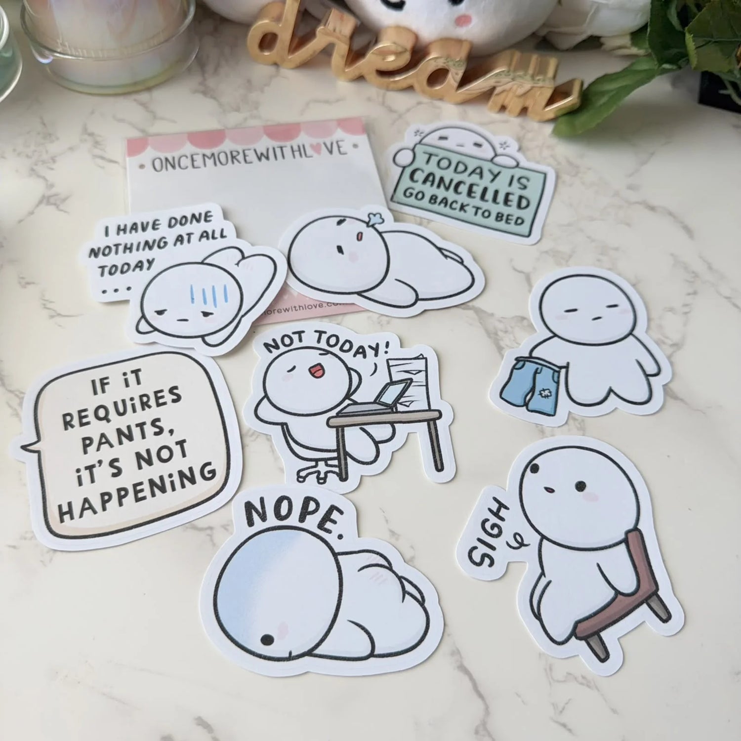 Once More With Love Sticker Pack - Anti-Adulting

A playful reminder that growing up is overrated, the Once More With Love Sticker Pack - Anti-Adulting&nbsp;brings humor, charm, and a dash of rebellion to your planner, journal, or craft projects. Featuring expressive vinyl stickers that capture the relatable chaos of “not wanting to adult today,” this pack is perfect for anyone who loves adding personality and laughter to their daily spreads.

Includes 8 Stickers