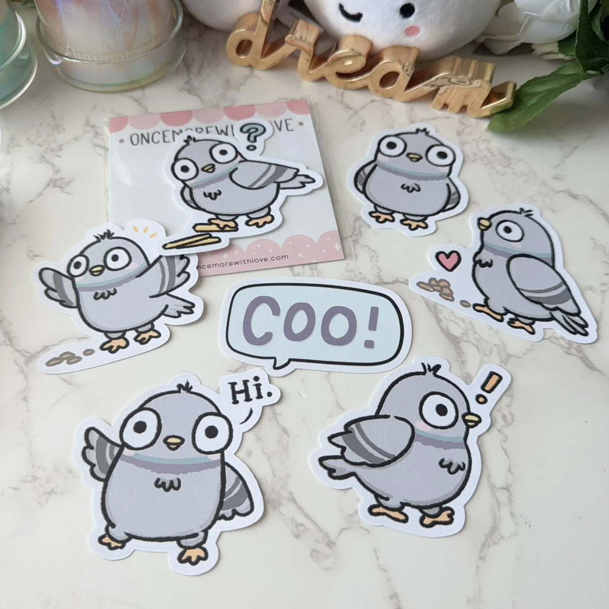 Add a touch of quirky charm to your planner, journal, or craft projects with the Once More With Love Sticker Pack – Pigeons. This adorable vinyl sticker set features expressive pigeon characters that bring humor, personality, and a playful city‑life vibe to any page. Perfect for sticker collectors and creative planners, these little birds are ready to brighten your spreads and spark joy with every use.

Includes 7 Stickers