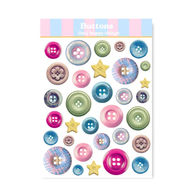 Brighten your crafts with this charming A6 sticker sheet featuring colorful button designs.&nbsp; These stickers are perfect for journaling, scrapbooking, pen‑pal mail, planners, and all your creative projects.

A6 (105 x 148mm)&nbsp;
Printed on matt coated paper