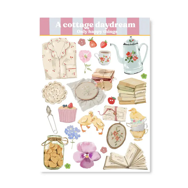 Bring a soft, cozy charm to your creative projects with this Cottage Daydream A6 sticker sheet. These stickers are perfect for journaling, scrapbooking, pen‑pal mail, planners, and all your creative projects.

A6 (105 x 148mm)&nbsp;
Printed on matt coated paper