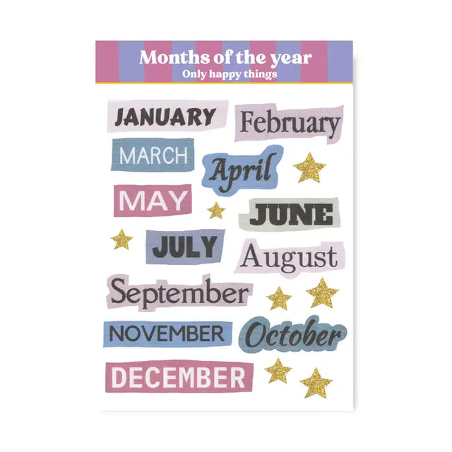 Add a charming touch to your planners, journals, and creative projects with this Months of the Year A6 sticker sheet. These stickers are perfect for journaling, scrapbooking, pen‑pal mail, planners, and all your creative projects.

A6 (105 x 148mm)&nbsp;
Printed on matt coated paper