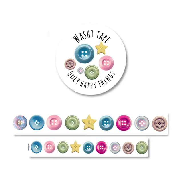 Add a pop of playful charm to your projects with this button‑themed washi tape. Perfect for journaling, scrapbooking, packaging, and all your creative crafts.

Size: 1.5cm wide and 10 meters long

Each roll of washi is wrapped in plastic with a sticker on top