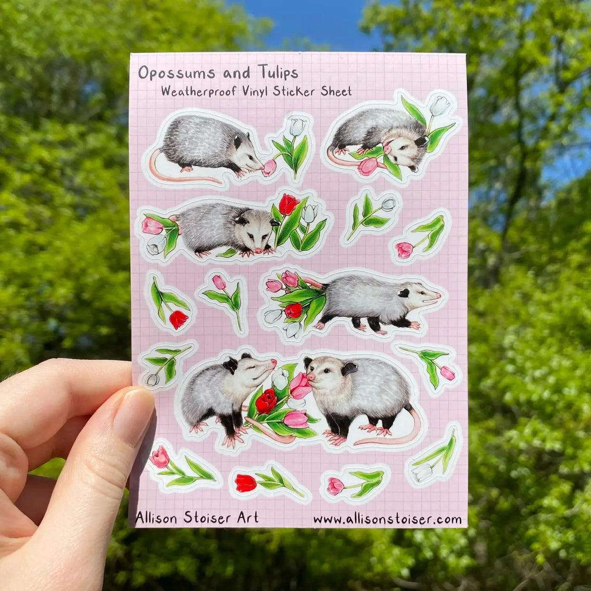 This A6-sized sticker sheet features my illustration of an opossum picking out tulips and presenting them to their partner.

The stickers are printed on weatherproof matte vinyl, so not only can they can be used for planners, but they’re also suitable for water bottles, bicycles, vehicles, and other outdoor applications.