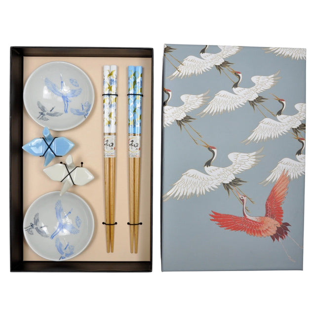 Origami Crane 2 Pair Wooden Chopsticks, Crane Rest, and Sauce Dish

This box set includes 2 sets of chopsticks, crane rests, and sauce dishes.

Size: 9"L chopsticks, 3"D Sauce Dish, 1.5"L Chopsticks Rest
Material: Bamboo and Ceramic
Origin: China
