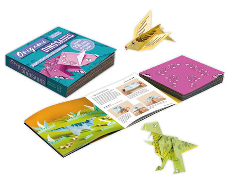 Go back to the days when dinosaurs ruled the earth with 15 prehistoric paper-folding projects and 250 sheets of origami paper to sink your teeth into.

With 15 designs for big and small dinosaurs, ocean-dwellers, and high flyers, there are projects here to entertain any paper paleontologist.

Try your hand at the speedy Velociraptor or one of the largest land animals that ever existed, the Apatosaurus. From the Cretaceous period you can make the king of the dinosaurs, the Tyrannosaurus rex, and the ancestor